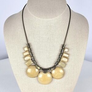 Brutalist 1970s Marbled Cream Resin Bronze Necklace Geometric Resin Cabochon